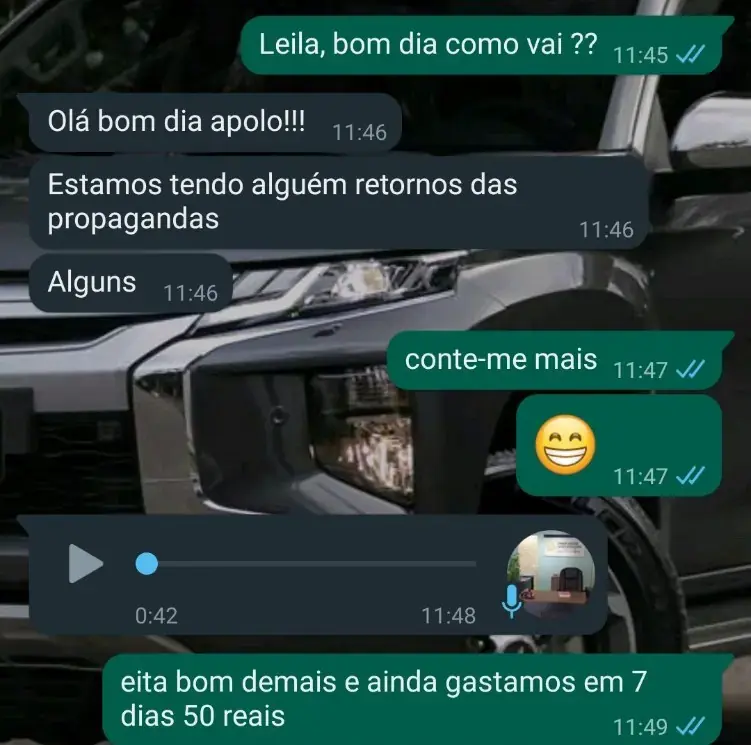 Cliente relatando retornos das propagandas após sete dias e cinquenta reais investidos